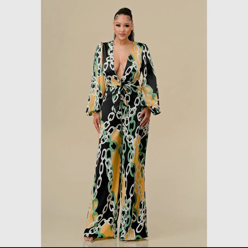 Deep V Chain Print Jumpsuit